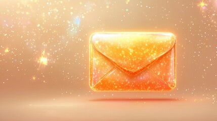 Poster - Golden shimmering envelope icon, glowing particles, beige background, digital art, message, communication, festive, celebratory, elegant, luxurious, abstract, light effect.
