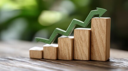 Poster - Wooden blocks forming a bar graph with a green upward arrow, signifying growth or progress against a blurred green background.
