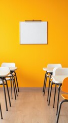 Poster - Bright Classroom Setting with Desks and Blank Whiteboard on Wall