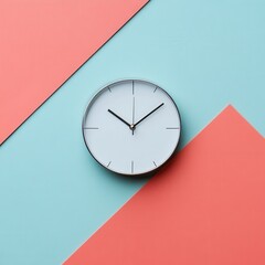 Poster - A minimalist clock on a coral and teal background. The clock is simple, round, and features a clean design. The colors are bold and contemporary.