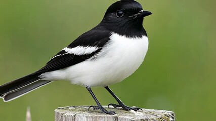 black and white bird perched on a wooden post in a vibrant green field during daylight hours