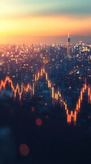 Poster - Orange and yellow candlestick chart overlays a nighttime cityscape at sunset, creating a dramatic, vibrant image. The city lights and bokeh effect add depth.