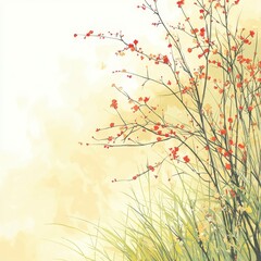 Poster - Red berries and green grass on a yellow and white watercolor background. Soft lighting and painterly style.