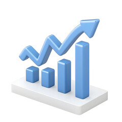 Poster - A glossy 3D business bar chart with a smooth rising blue arrow showcasing financial success and improvement on a clean transparent background