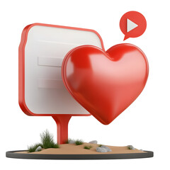 Aufkleber - A 3D crystalline and reflective heart shaped social media notification icon displayed within a speech bubble set against a transparent background