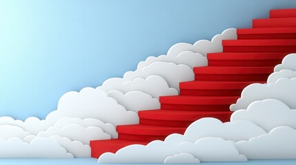 Poster - Red carpet staircase ascending through fluffy white clouds against a light blue wall. 3D rendering of a surreal and whimsical scene.