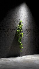 Poster - A single vine with vibrant green leaves climbs a rough, dark gray stone wall, illuminated by a spotlight in a dimly lit setting. The contrast between the light and dark creates a dramatic scene.