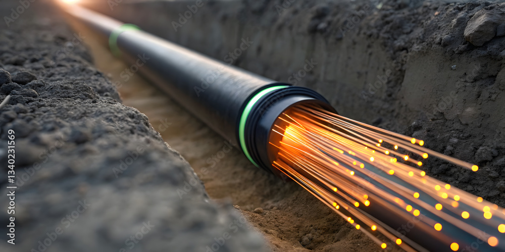 Concept of fiber optic in construction site. close up of fiber trench ...