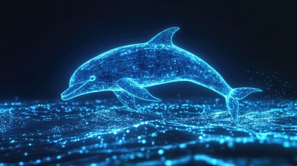 Poster - Futuristic Dolphin in Neon Blue Digital Representation Leaping