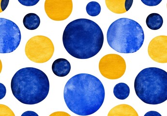Poster - Watercolor seamless pattern with blue and gold circles on white background. Abstract, modern, simple design. Ideal for textile, fabric, wallpaper, and wrapping paper.