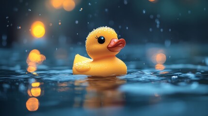 Poster - Close-up of rubber duck on water in the rain, glowing lights. Childhood and play concept