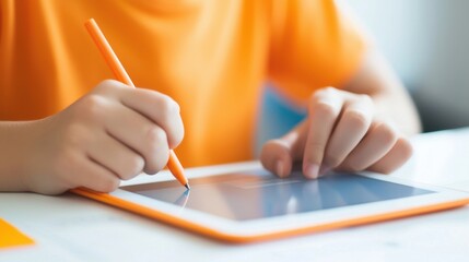 Poster - Child Drawing on Digital Tablet with Orange Stylus and Bright Shirt