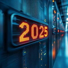 Poster - close up view of a server rack with an illuminated led display showing the year 2025. the server roo