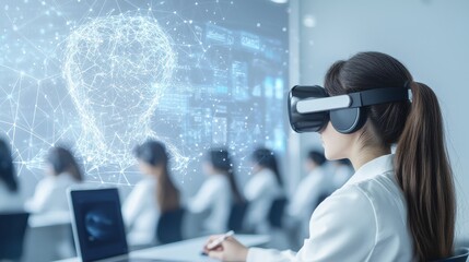 Poster - Woman Engaging in Virtual Reality with Data Visualization Elements