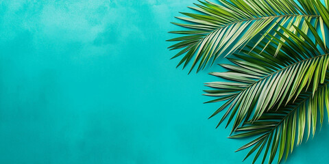 Poster - Tropical palm leaves creating border on vibrant turquoise background
