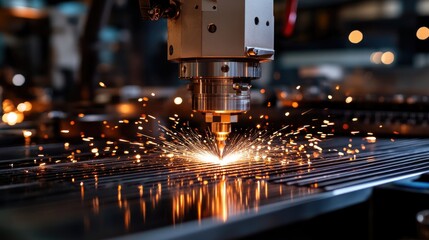 Poster - High-precision Laser Cutting Machine Producing Sparks in Workshop