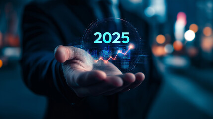 Poster - Businessman showing growth graph in 2025 in futuristic hologram
