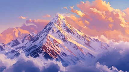 Wall Mural - Snowy mountain peak at sunrise with dramatic skies. Adventure travel concept