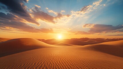 Wall Mural - Golden desert dunes at sunrise with dramatic clouds, serene landscape. Tranquility and nature concept