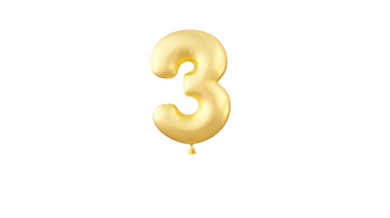 Fototapete - A shiny floating golden foil balloon in the shape of the number 3 with a reflective metallic surface and soft lighting creating a 3D effect against a transparent background