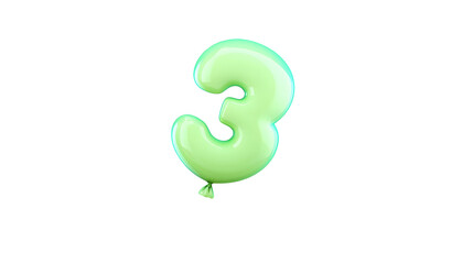 Aufkleber - A 3D rendering of a vibrant glossy green number 3 foil balloon with a smooth polished surface and highlights appearing to float with a soft shadow effect against a transparent background