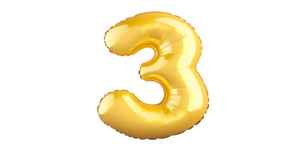 Poster - A detailed three dimensional golden foil balloon in the shape of the number 3 floating against a clean white background with soft lighting and shadows