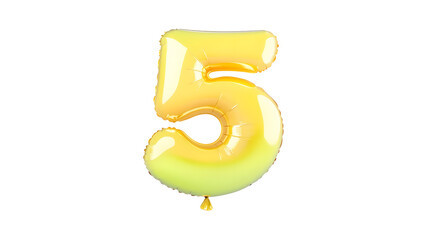 Poster - A floating highly reflective metallic gold foil balloon in the shape of the number 5 with a smooth 3D effect and soft lighting against a clean white background