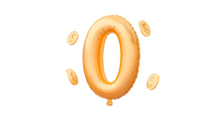 Leinwandbilder - A shiny gold colored metallic foil balloon in the shape of the number 0 floating independently on a transparent background with soft highlights and shadows creating a 3D effect
