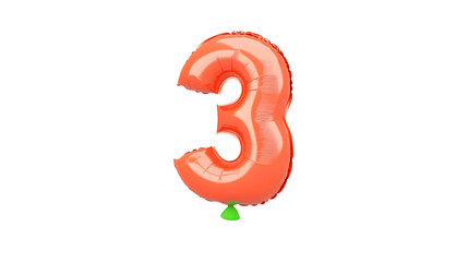 Poster - Glossy three dimensional red foil balloon in the shape of the number 3 floating with smooth reflections and lighting against a transparent background