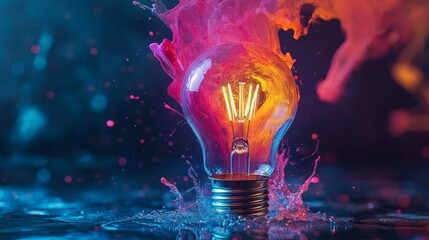 Poster - Vibrant light bulb with colorful paint splash in water. Creativity and innovation concept