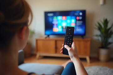 selective focus on woman hand hold remote control and turn on tv panel on wall while relaxing on com