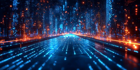 Aufkleber - A futuristic digital landscape, glowing blue neon data streams flowing in dynamic wave, resembling infinite network of digital information. 32k Resolution 