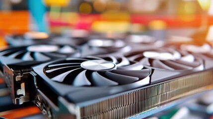 Fototapete - Modern graphics cards are arranged in a well-lit tech warehouse, showcasing advanced cooling fans and sleek designs