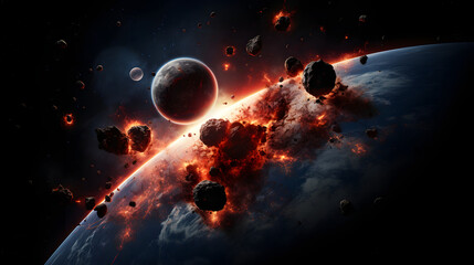 Poster - a stunning cosmic view of a planet surrounded by a field of asteroids in a vibrant space scene with 