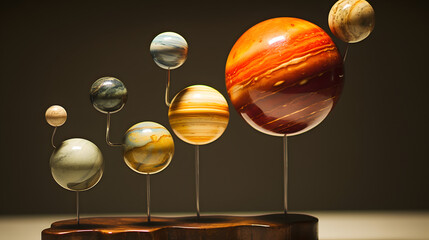 Poster - Collection of planets on a wooden stand captured in a unique model demonstrating rotational motion and cosmic elements for visual appeal.