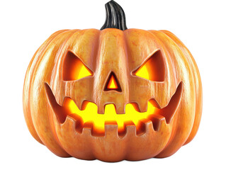 Wall Mural - Close up of a carved halloween pumpkin with glowing light inside on Isolated on white transparent background