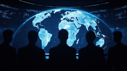 Poster - a group of silhouetted figures observes a glowing, digital representation of earth, highlighting con