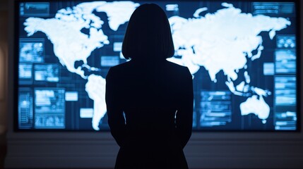 Poster - a silhouette of a woman stands before a glowing world map display, suggesting themes of technology, 
