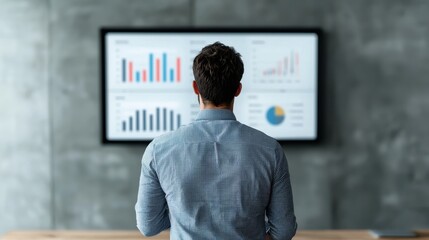 Poster - A man analyzes data displayed on a large screen, surrounded by a modern workspace, reflecting a focus on business and analytics.