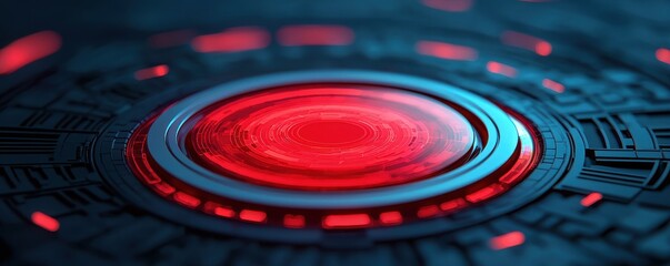 Poster - A futuristic circular design with a glowing red center surrounded by intricate patterns, set against a dark, high-tech background.
