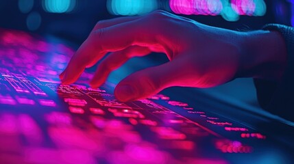 Poster - A close-up view of a hand interacting with a vibrant, illuminated keyboard, showcasing a blend of pink and blue lighting effects.