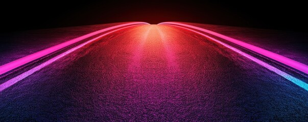 Poster - A vibrant, neon-lit road stretches into the distance, with colorful light trails highlighting its curves against a dark background.
