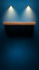 Aufkleber - Wooden shelf with spotlight illumination on blue wall, minimal design concept