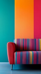 Aufkleber - Colorful striped couch against vibrant geometric wall. Modern interior design