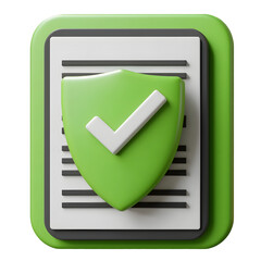 Fototapete - A 3D rendered digital icon depicting a checklist document with a bright green shield and white checkmark indicating task completion and successful verification