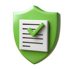 Poster - A 3D rendered icon depicting a checklist document within a glossy green shield featuring a white checkmark symbol to represent verification and approval