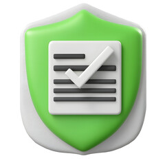 Fototapete - A 3D rendered icon depicting a checklist document with a glossy green protective shield and a prominent white checkmark symbolizing verification approval and compliance