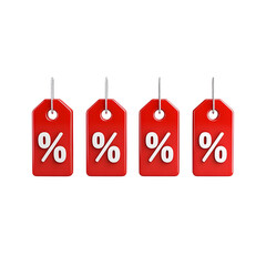 Fototapete - Closeup of four glossy red price tags with bold white percent symbols arranged in a modern promotional design with smooth edges and lighting isolated on a white transparent background