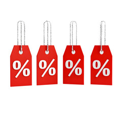Fototapete - Close up photograph of four glossy red price tags with crisp white percentage symbols displayed against a white background for a modern promotional aesthetic