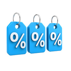 Poster - Close up shot of three shiny blue price tag shaped discount icons with large white percent symbols on a transparent background